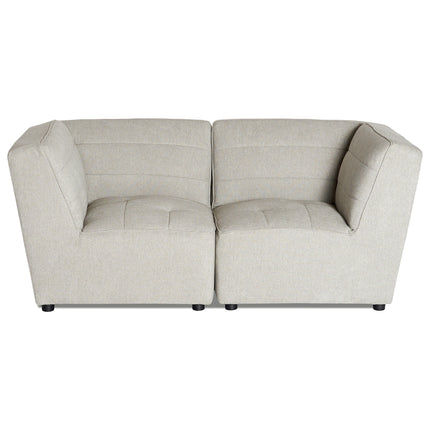 Experience ultra-plush comfort with the modern Millenium 2 Piece light gray sectional sofa. It features angled armrests, subtle horizontal stitching on the backrest and seat cushions, and is supported by small black legs.