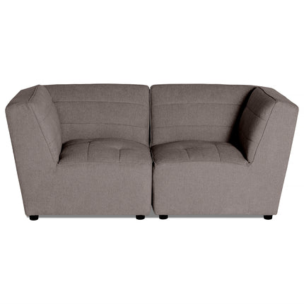 The Millenium 2 Piece is a gray, contemporary sectional sofa with clean lines and a minimalist style. It offers ultra-plush comfort with its square backrest, angular armrests, and subtle horizontal stitching. The sofa is slightly elevated on small black legs.