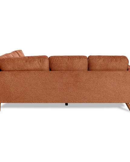 The Maddox is a brown, mid-century modern sectional showcasing three plush cushions, slanted wooden legs, and a sleek minimalist design.