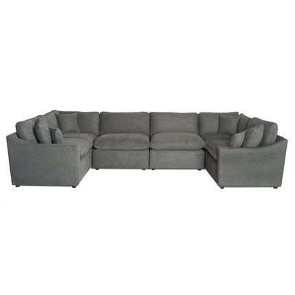 The My Cloud Slope 8 Piece Pit is a gray L-shaped sectional sofa with multiple cushions, offering a modern and customizable design. Its soft upholstery makes it ideal for a spacious living room, displayed against a white background.