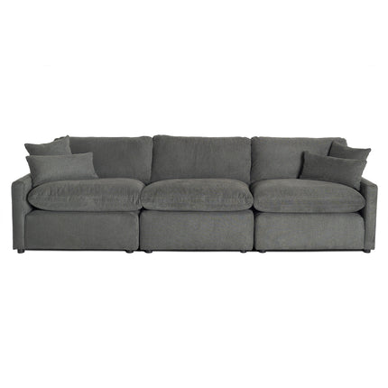 The My Cloud Slope 3 Piece Straight sofa, often described as the Worlds Greatest & Most Comfortable Sofa, features three seat cushions, three back cushions, and two matching fabric throw pillows. With simple straight armrests, it sits elegantly against a white background in large gray.