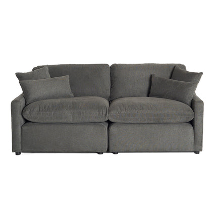 The My Cloud Slope 2 Piece loveseat in dark gray offers plush comfort like the Worlds Greatest & Most Comfortable Sofa, featuring wide armrests, two large seat cushions, two back cushions, and four stylish throw pillows for an elegant seating arrangement.