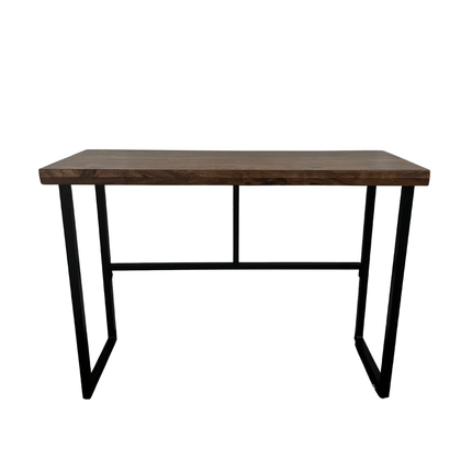 The Rosewood Console is a minimalist desk featuring a rectangular wooden top crafted in rosewood with black metal legs, offering a simple, modern design. This eco-friendly piece exudes a sturdy, industrial vibe perfect for any study or office space.