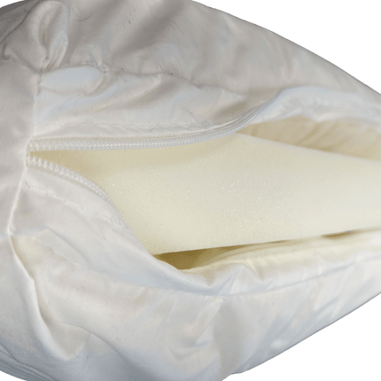 A close-up of the My Cloud Classic Cushion Core reveals its foam insert through a partially unzipped white cover. The slightly wrinkled fabric showcases the soft, supportive foam inside. Ideal for those needing affordable replacement covers, set against a plain green background.