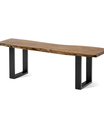 The Live Edge Bench is handcrafted with an irregular natural edge and smooth surface. Its dark brown finish pairs beautifully with two black rectangular metal legs, blending modern style with rustic charm.