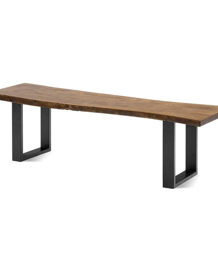 The Live Edge Bench is handcrafted from acacia with a natural, irregular surface and sleek rectangular black metal legs. Its modern, minimalist design makes it ideal as a stylish dining table for intimate spaces.