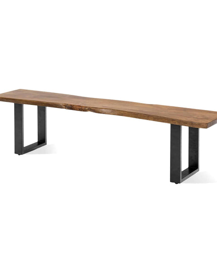 The Live Edge Bench features a hand-crafted, long wooden seat with a live edge, supported by sleek black metal legs. Its rich, warm wood tone enhances the natural grain and texture. Perfect as a dining table bench, it blends rustic charm with minimalist design.