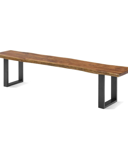 The Live Edge Bench, handcrafted from acacia wood, features a smooth top with natural, uneven edges for rustic charm. Its supported by two black metal legs at each end, making it an inviting dining table centerpiece.