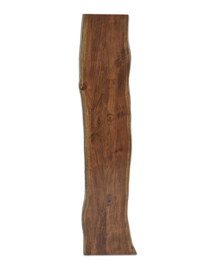 The Live Edge Bench is a narrow, elongated wooden plank made from acacia wood with visible grain patterns and a rich, warm brown color. Its natural live edge and uneven sides highlight the materials unique contours, making it perfect as a handcrafted dining table or bench.