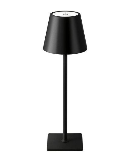 The Aura Lamp is a sleek, modern table lamp featuring a black conical shade, cylindrical stand on a square base, USB charging for convenience, and a top power button.