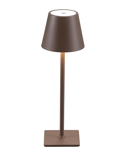 Meet the Aura Lamp, a chic brown table lamp with a conical shade and sleek cylindrical stand on a square base. It features a portable design, touch-sensitive button for easy use, and USB charging for convenience.