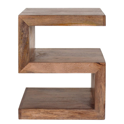 The Acacia S Table is a distinct three-tier side table made from acacia wood, offering stylish storage. Its visible natural wood grain and smooth finish combine rustic charm with modern appeal.