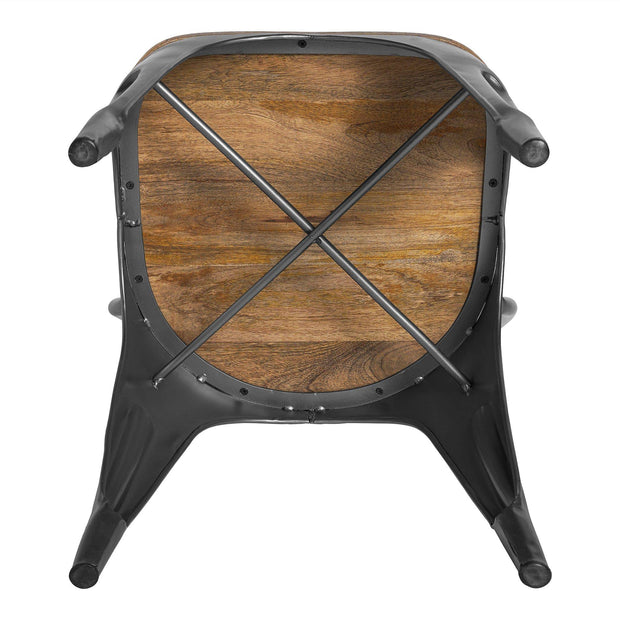 Bottom view of the Mango High Back Chair, showcasing a sustainable handcrafted design with a natural wood-finished seat and black metal legs featuring an X-shaped support structure underneath.