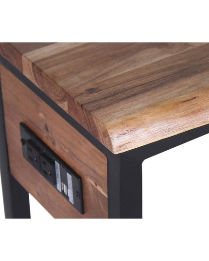 The Live Edge USB C-Table features an acacia wood corner with a sleek finish, dark metal frame, and includes a functional side panel with two sockets and USB ports.