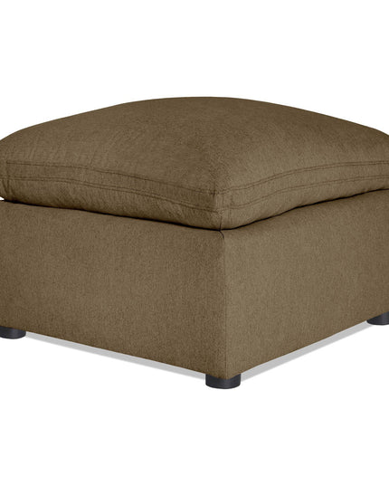 Introducing the My Cloud 30 Ottoman: a spacious brown fabric piece with a square cushion top and short black legs. Part of our customizable furniture collection, it effortlessly combines style and comfort to enhance any living space.