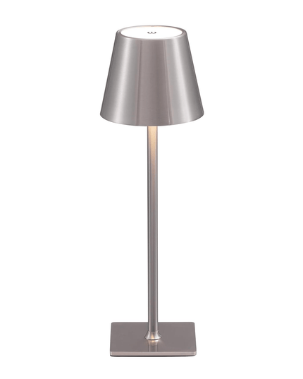 The Aura Lamp is a sleek, metallic table lamp with a conical shade and slim stand on a square base. It emits soft, warm light beneath its minimalist design and features USB charging for added convenience in its portable form.