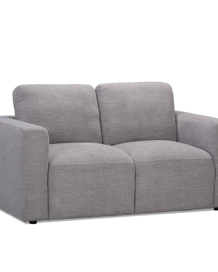 Discover Italian luxury with the modern Lugano Loveseat. This gray fabric piece, complemented by plush cushions, offers a simple two-seat design and wide armrests. Set against a white backdrop, it perfectly elevates any living space.