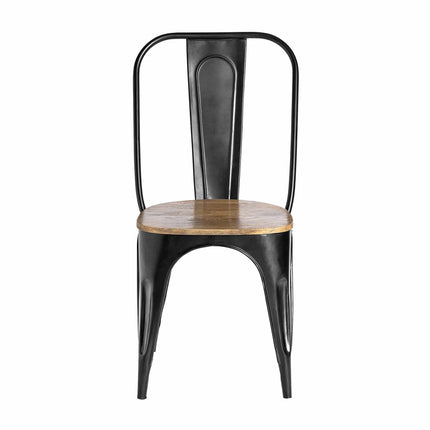 The Mango High Back Chair features a minimalist metal design with a wooden seat made from sustainable mango wood. It has a black frame, curved backrest, and splayed legs. A matte finish adds industrial elegance, making it ideal for modern spaces.