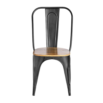 The Mango High Back Chair features a mango wood seat with a black metal frame. Its curved backrest and outward-angled legs add to its sleek, industrial design. This handcrafted, sustainable chair offers a minimalistic, modern style perfect for any dining space.