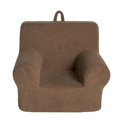 The My Cloud Kidz Chair is a cozy, small brown plush armchair for kids, made with soft Sherpa fabric. It has rounded arms and a back handle for easy carrying, making it an ideal comfy addition to any childs room.