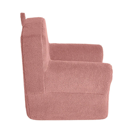 The My Cloud Kidz Chair in pink features a fuzzy Sherpa fabric with a plush design, high back, and wide armrests for ultimate comfort. The side view is set against a plain white background.