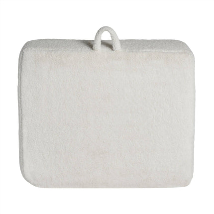 A white, rectangular Sherpa cushion with a textured surface and loop handle rests against a white background, adding comfort to your My Cloud Kidz Chair.