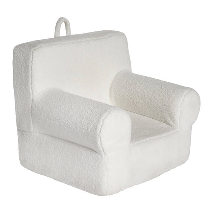 The My Cloud Kidz Chair is a plush seat made from soft, white Sherpa fabric, featuring thick armrests and a backrest. Its subtle loop handle ensures easy carrying, providing cozy and minimalist design perfect for children or playful home decor.