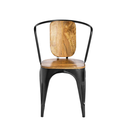 The Mango Barrel Chair features a natural mango wood grain finish on its wooden seat and backrest, paired with sleek black metal legs and frame. Its open design includes curved metal arms, adding sustainable handcrafted style to your space.