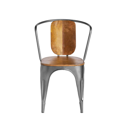 The Mango Barrel Chair is a metal chair with a brushed silver frame and curved backrest. It features a mango wood seat with a light brown finish and visible grain patterns, showcasing its modern, industrial yet sustainable handcrafted design—perfect for dining spaces.