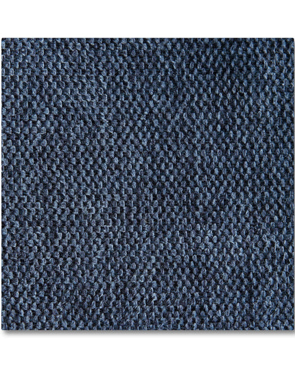 Close-up of a square piece of dark blue textured fabric, reminiscent of mid-century modern design, showing a detailed pattern of interwoven threads. The fabric appears slightly rough and durable, ideal for accentuating plush cushions on the Maddox Chair.