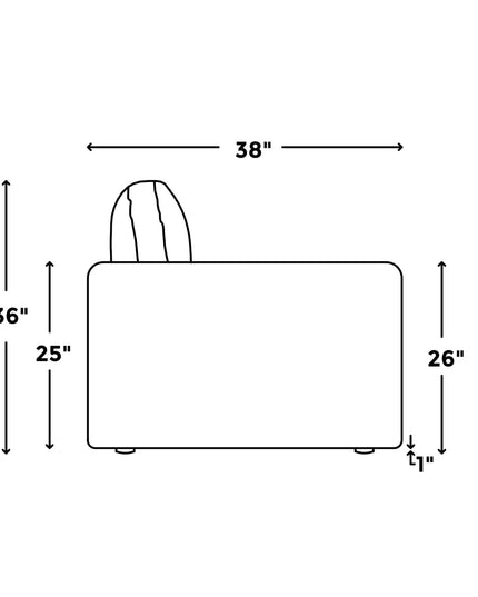 This line drawing of the Lugano Loveseat captures its Italian luxury with delicate detail. The side view shows dimensions: 38 inches width, 36 inches overall height, 25 inches seat height, and a 26-inch back cushion height. Plush cushions rest above a subtle 1-inch bottom clearance.