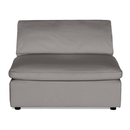 The Peyton Armless sofa is a gray, two-cushion seat with a backrest, ideal for modern living spaces. Its sectional design rests against a white backdrop, highlighting its sleek and minimalist style.