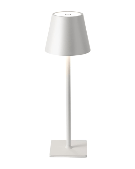 The Aura Lamp offers a modern, minimalist design with a conical shade and slender stand on a square base. It’s portable, set against a white backdrop, and features convenient USB charging.